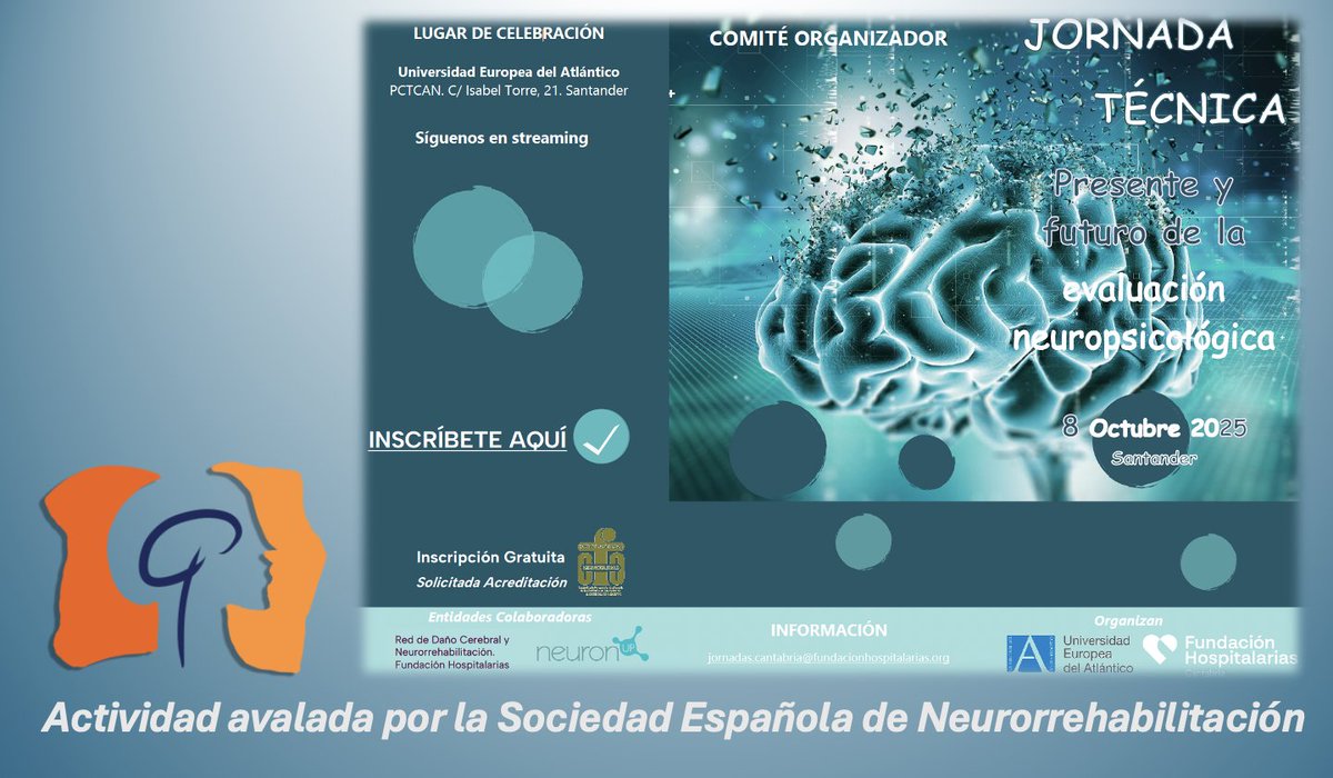 El próximo 8 de octubre se celebrará en la Universidad Europea del Atlántico la Jornada: "Presente y Futuro de la Evaluación Neuropsicológica"

Esta actividad cuenta con excelentes ponentes en el área y el aval de nuestra Sociedad.

Más información en: neuro-reha.com/217-proxima-jo…
