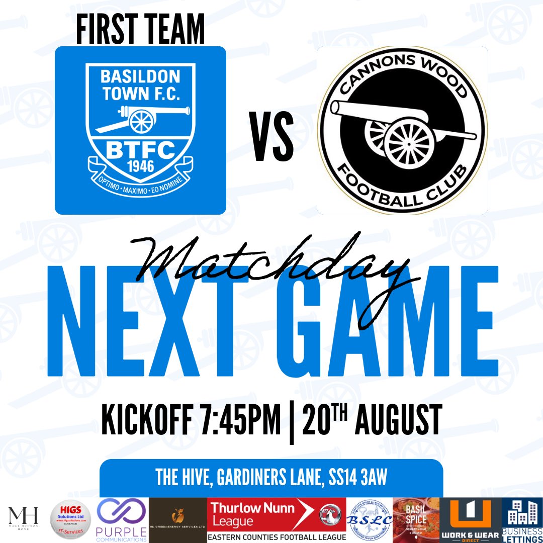 FIRST TEAM GAME 
🗓️20th August 
🆚Cannons wood 
📍The Hive, Gardiners Lane, SS14 3AW
🕰️ 7.45PM