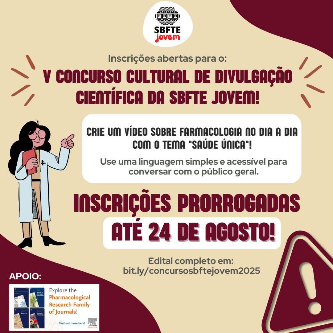 📢 Atenção, jovens cientistas: inscrições prorrogadas até 24 de agosto de 2025! 

🗓️ Foram prorrogadas, até o dia 24 de agosto, as inscrições para o V Concurso Cultural de Divulgação Científica da SBFTE Jovem. 

👉 Saiba mais no edital: sbfte.org.br/v-concurso-cul…