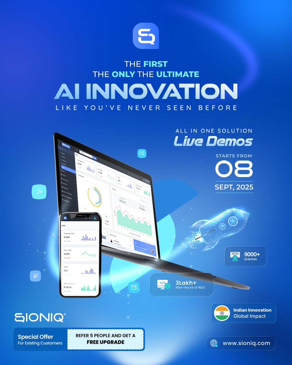 sioniq_'s tweet image. The First, The Only, The Ultimate Tech Partner is Upgrading! Live Demos Start from September 8, 2025. Register Now!
Special Offer For Existing Clients: Refer 5 people and get a FREE upgrade.
🌐 sioniq.com 📞 +91 86868 33999 📧 marketing@sioniq.com

#JewelleryTech