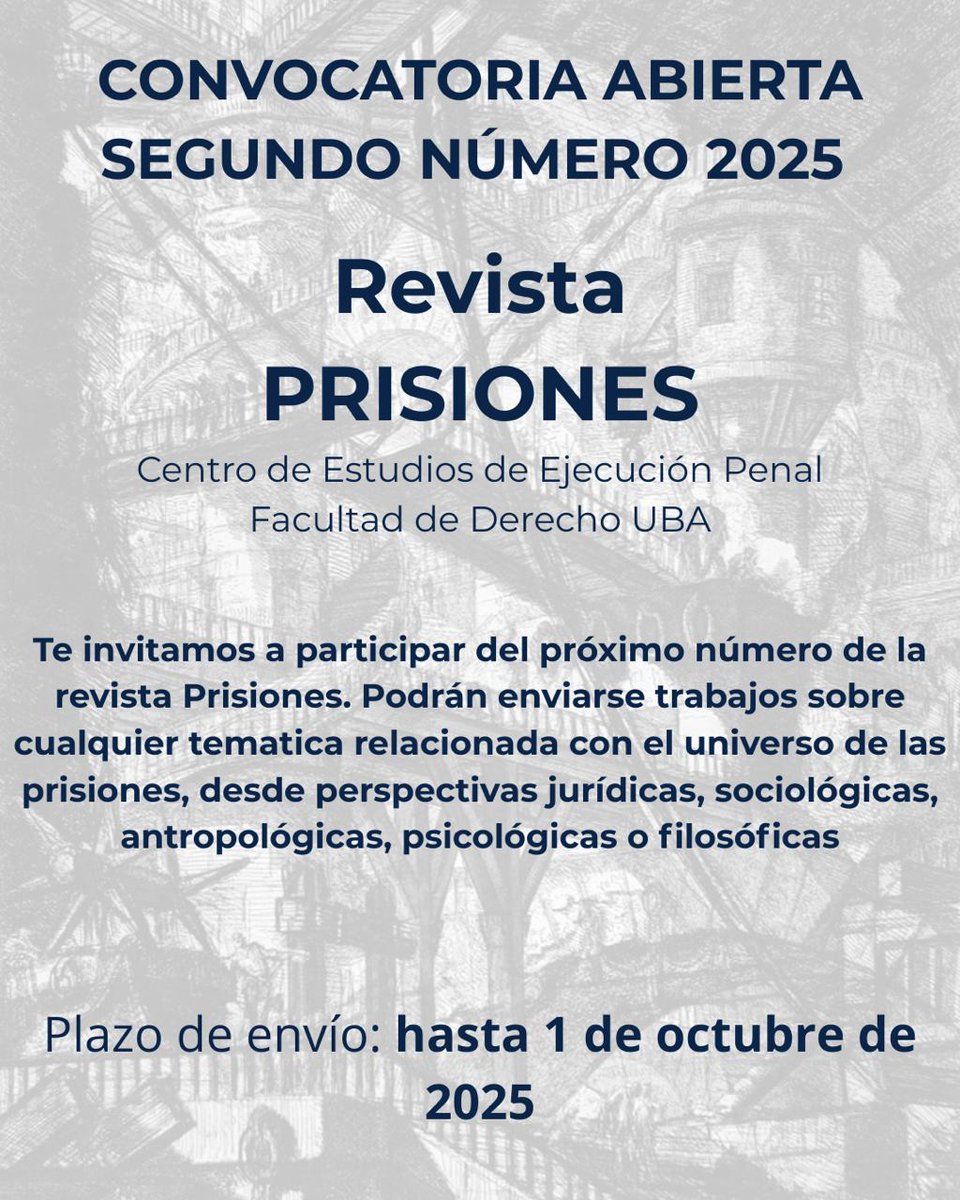 RamaGual's tweet photo. Convocatoria abierta!!!
Estamos recibiendo textos para el número 8 de la Revista @PrisionesCeep.
Digital, acceso libre, referato externo.

Vengan! https://t.co/qmpCX1fCRb