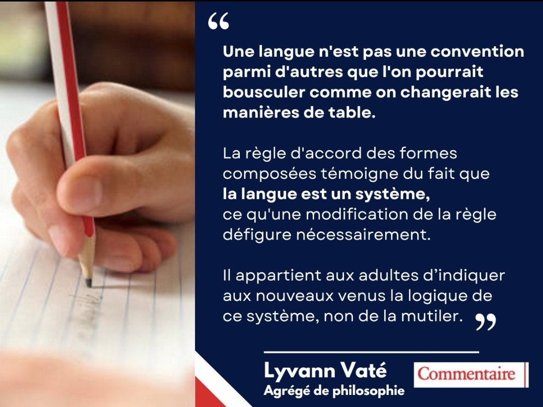 Lyvann Vaté (@lyvannvate) on Twitter photo ⚠️Le <a href="/CsenOfficiel/">CSEN (officiel)</a> préconise une réforme de l'enseignement de la grammaire qui détruirait la règle d'accord du participe passé📚.
✍️En mai, dans <a href="/RevCommentaire/">Revue Commentaire</a> j'expliquais pourquoi je m'oppose à ce projet, préjudiciable aux élèves🎒
Merci <a href="/soseducation/">SOS Éducation</a> de votre vigilance ! ⚠️Le <a href="/CsenOfficiel/">CSEN (officiel)</a> préconise une réforme de l'enseignement de la grammaire qui détruirait la règle d'accord du participe passé📚.
✍️En mai, dans <a href="/RevCommentaire/">Revue Commentaire</a> j'expliquais pourquoi je m'oppose à ce projet, préjudiciable aux élèves🎒
Merci <a href="/soseducation/">SOS Éducation</a> de votre vigilance !