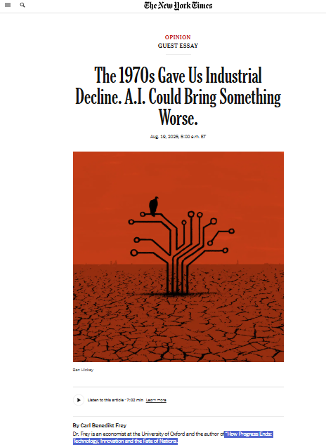 My guest essay in <a href="/nytimes/">The New York Times</a> today. I make 5 key points:

1. There’s little clear evidence of AI eliminating jobs at scale yet. But waiting to see is risky. Pittsburgh’s steel towns saw early signs with mini-mills before the losses showed up. Service capitals like London and New