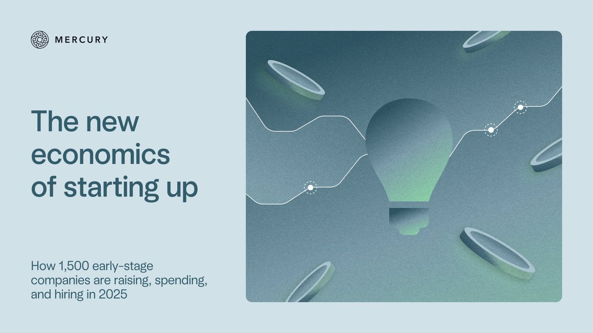mercury's tweet photo. Startups in 2025 aren’t waiting for the economy to calm down.

They’re finding new ways to grow — right now. 📈

We surveyed 1,500 early-stage companies to see how they’re raising, spending, and hiring.

Here’s what’s changing and what it means for the new economics of starting up 🧵