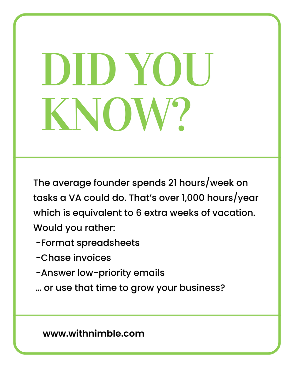NimbleRemote's tweet photo. Did you know the average founder spends 21 hours a week on tasks a Virtual Assistant could easily handle?
Hire a Nimble Assistant Now!
Free Consultation: https://t.co/yen6JkfMBh
#VirtualAssistantCanada #EntrepreneurLife #BusinessEfficiency #DelegateToElevate https://t.co/0sbGcI0wlh