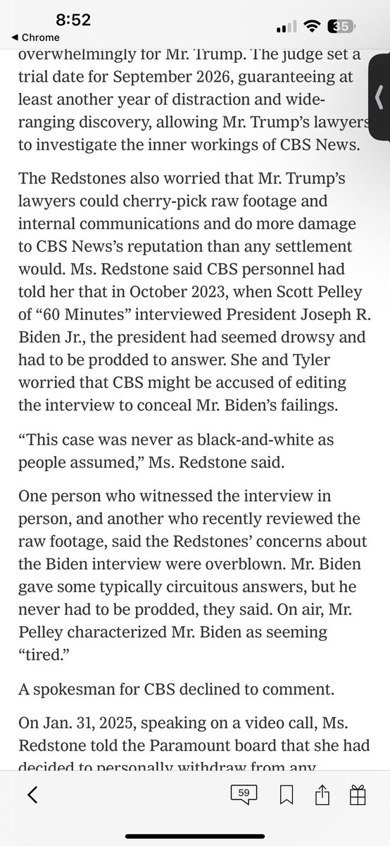 AlexThomp's tweet image. NYT’s James Stewart: “Ms. Redstone said CBS personnel had told her that in October 2023, when Scott Pelley of “60 Minutes” interviewed President Joseph R. Biden Jr., the president had seemed drowsy and had to be prodded to answer.”

nytimes.com/2025/08/19/bus…