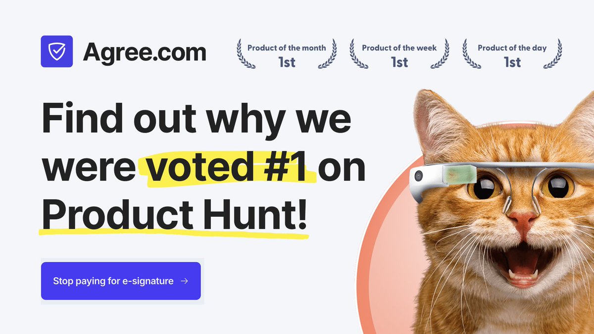 Agree.com (@agreehq) on Twitter photo Everyone loves to Agree™ — that's why we won Product of the Day, Product of the Week, and Product of the Month on <a href="/ProductHunt/">Product Hunt 😸</a>!
Sign-up for free and experience the best way to sign, send, and get paid; all-in-one. Today is the last day you'll ever pay for DocuSign. Everyone loves to Agree™ — that's why we won Product of the Day, Product of the Week, and Product of the Month on <a href="/ProductHunt/">Product Hunt 😸</a>!
Sign-up for free and experience the best way to sign, send, and get paid; all-in-one. Today is the last day you'll ever pay for DocuSign.