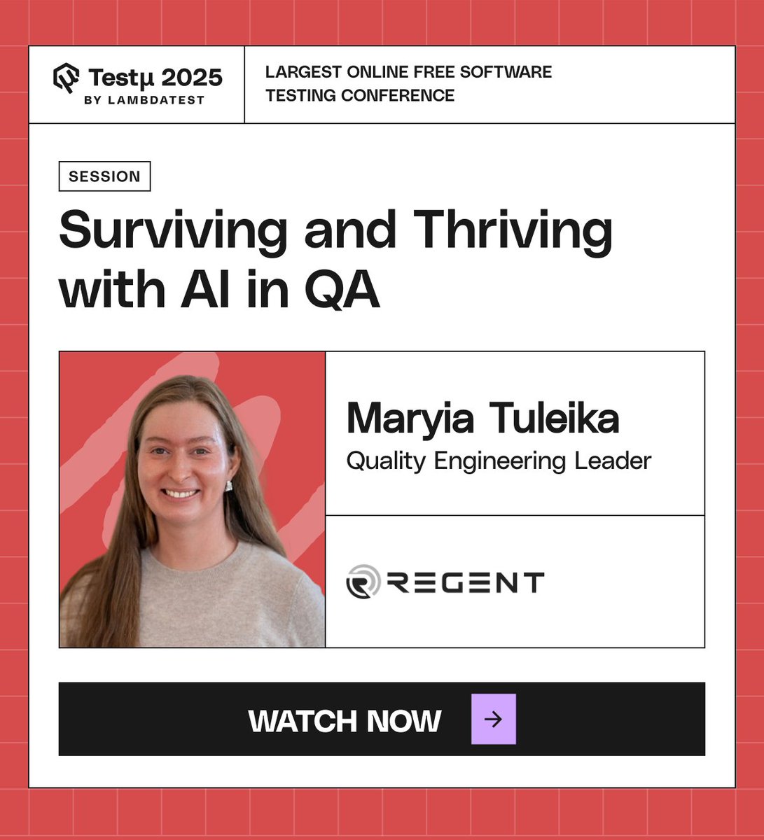 lambdatesting's tweet image. 🌟 Ready to thrive with AI in QA? Join Maryia Tuleika, Quality Engineering Leader at Regent, as she shares insights on navigating and mastering AI in the QA landscape! 🚀 🔗bit.ly/4oGcxIo
#TestMuConf2025 #LambdaTest