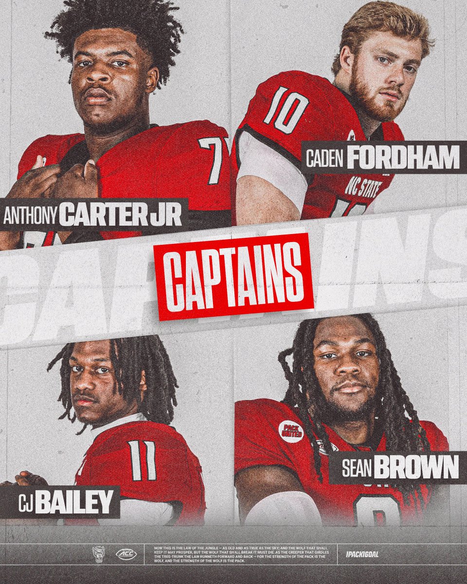 NC State Football (@packfootball) on Twitter photo Introducing your 2025 football captains.
<a href="/thatman_ant/">Anthony Carter Jr</a>
<a href="/Caden_Fordham/">Caden Fordham</a>
<a href="/greatnvess/">Sean Brown ☥ ₀</a>
<a href="/Cedrickbailey11/">Cedrick Bailey</a>
📰: tinyurl.com/2adgtccb Introducing your 2025 football captains.
<a href="/thatman_ant/">Anthony Carter Jr</a>
<a href="/Caden_Fordham/">Caden Fordham</a>
<a href="/greatnvess/">Sean Brown ☥ ₀</a>
<a href="/Cedrickbailey11/">Cedrick Bailey</a>
📰: tinyurl.com/2adgtccb