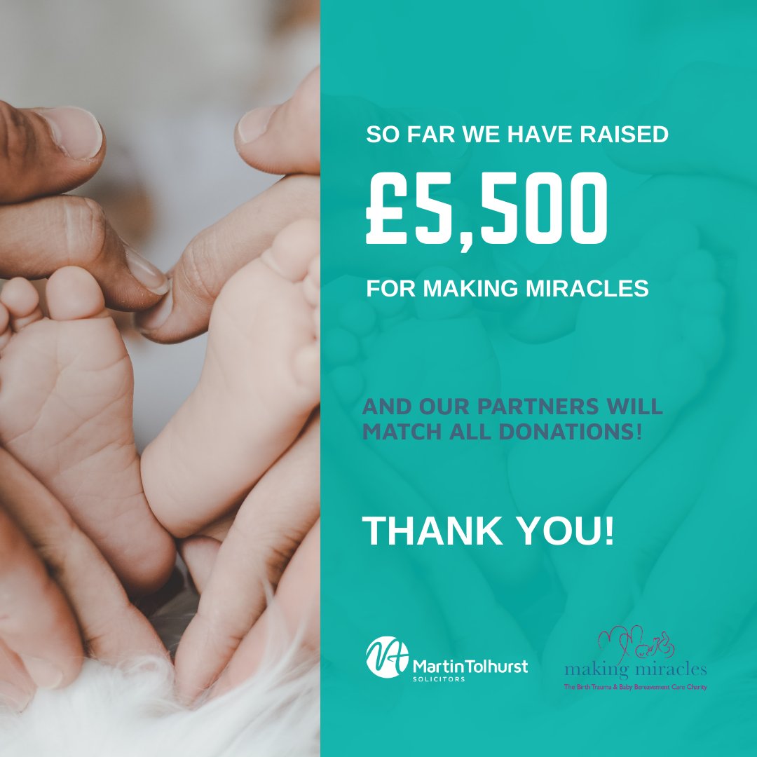 MartinTolhurst1's tweet image. 🎉 #Fundraising Update! 🎉 We have already raised £5,500 for our #Charity of the Year, Making Miracles. Even better, our Partners will match every pound, doubling the impact! And we are just getting started, campaign runs until March 2026. ✨ #MakingMiracles #TeamTolhurst