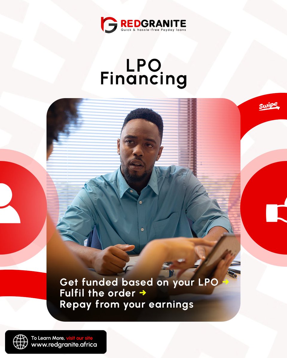RedgraniteA's tweet image. Our LPO service is here to serve you.
Know more about them by visiting our website.
#lpofinancing #redgraniteafrica #loan #loansmadeeasy