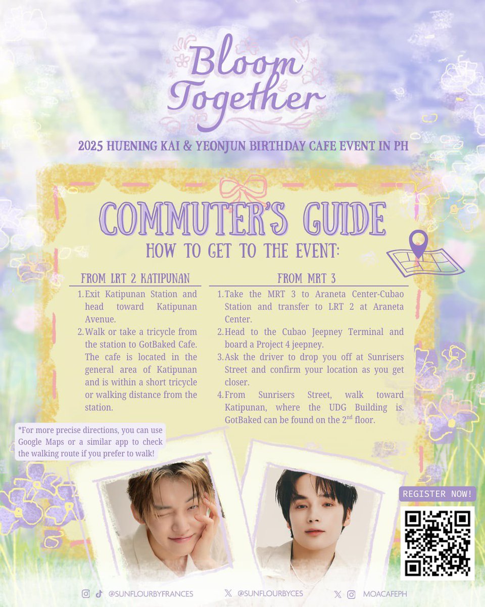 moacafe x <a href="/sunflourbyces/">𝗦𝘂𝗻𝗳𝗹✿𝘂𝗿 🐰🌻</a>

moa!! please see the images for how to commute to the venue for 𝐵𝓁𝑜𝑜𝓂 𝒯𝑜𝑔𝑒𝓉𝒽𝑒𝓇 on september 6!! 🚌

🧷 reg form: tinyurl.com/bloomtogether2… or scan the QR code!

#TOMORROW_X_TOGETHER #TXT #HUENINGKAI #YEONJUN #bloomtogetherwithYJHK
