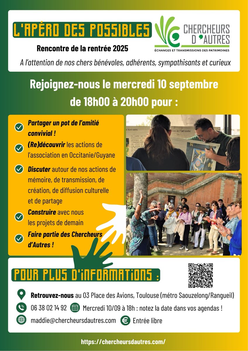 🌿✨ L’Apéro des Possibles - Toulouse, mercredi 10 septembre (18h-20h)

Un rendez-vous ouvert aux bénévoles, adhérents et sympathisants de Chercheurs d'Autres pour : 
🥂 Partager un pot de l'amitié 
🌍 Explorer les actions en Occitanie et Guyane 

Entrée libre

#ApéroDesPossibles