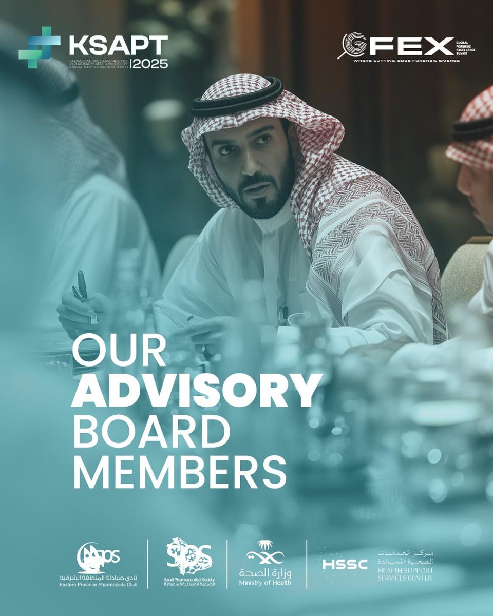 Meet the Advisory Board of #KSAPT2025
Global leaders in pharmacy and toxicology are shaping this year’s scientific agenda in Riyadh. Their vision is driving innovation, collaboration and excellence.
Learn more: ksapt.org/Home/Teams

Stay Tuned!
#GFEX2025 #ScienceLeadership
