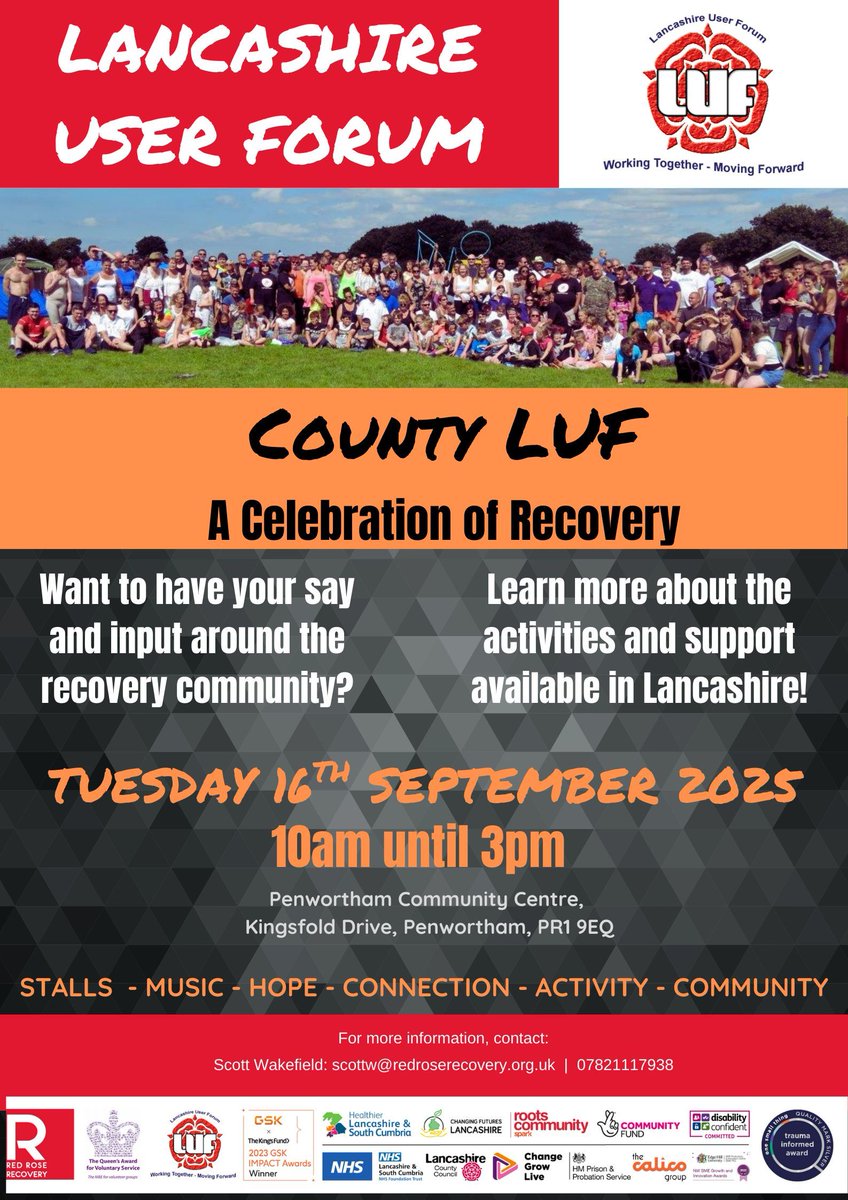 Save the Date! 📅 
Lancashire User Forum 2025 🎉
Tue 16 Sept, 10am–3pm
Penwortham Community Centre, PR1 9EQ

A day of stalls, music, lived experience stories &amp; connection. 💚
Come celebrate recovery with us!
#LUF2025 #RecoveryInAction #CommunityCelebration