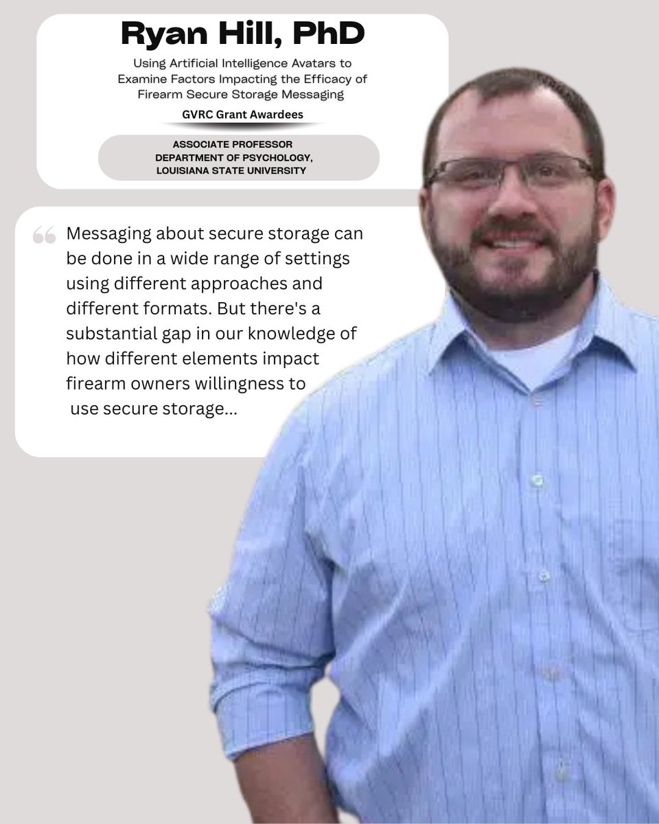 🔍 Funded Research Spotlight: Using AI avatars to study what makes firearm secure storage messaging 📚 PI: Ryan Hill, PhD <a href="/LSU/">LSU</a> -  Psychology
💡Exploring how AI avatars can improve firearm secure storage messaging &amp; encourage safer practices. #NJGVRC #Rutgers#GunSafety