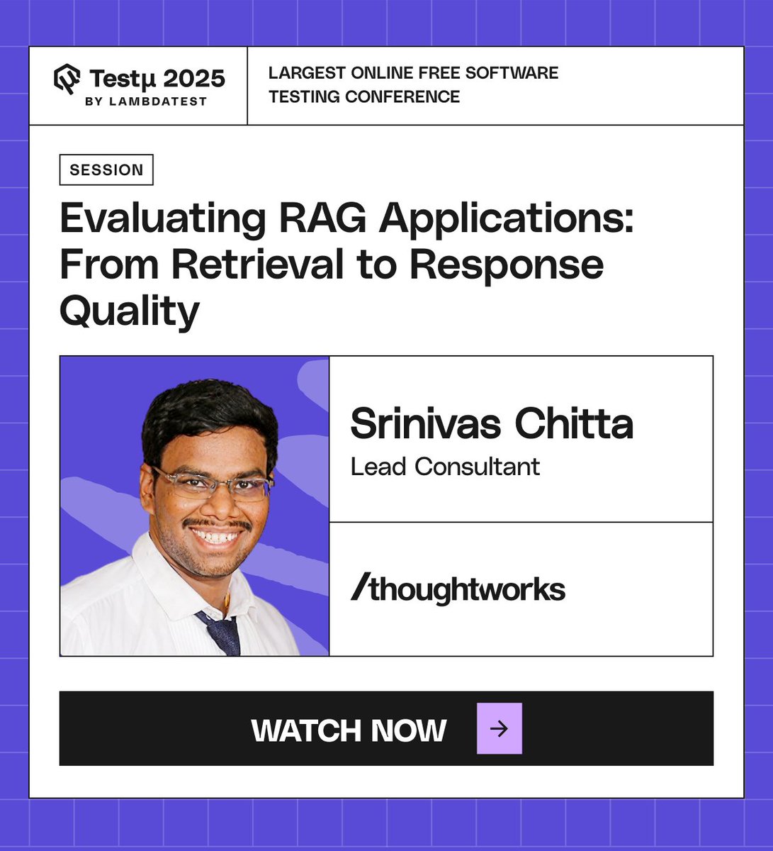 lambdatesting's tweet image. 🚀 Get ready to dive into "Evaluating RAG Applications: From Retrieval to Response Quality" with Srinivas Chitta from @thoughtworks! Learn how to assess and enhance RAG applications for better AI performance. 💡🔗bit.ly/4oGcxIo
#TestMuConf2025 #AI #LambdaTest