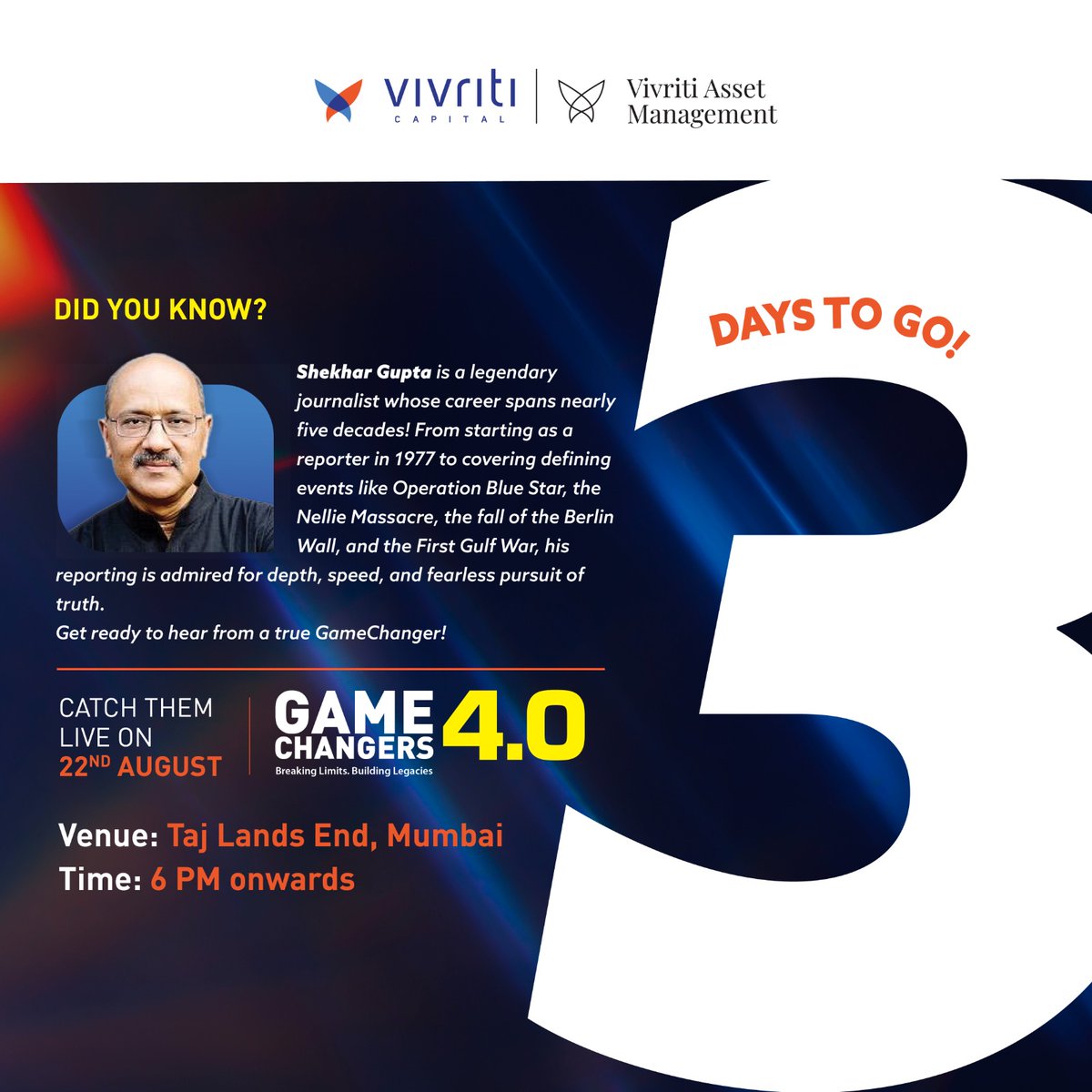 3 Days to go for GameChangers 4.0! This edition brings you an opportunity to hear from <a href="/ShekharGupta/">Shekhar Gupta</a>, a journalist whose voice has shaped public discourse on politics, governance, and liberal values while focusing on unbiased journalism for decades.

#GameChangers4 #GC4