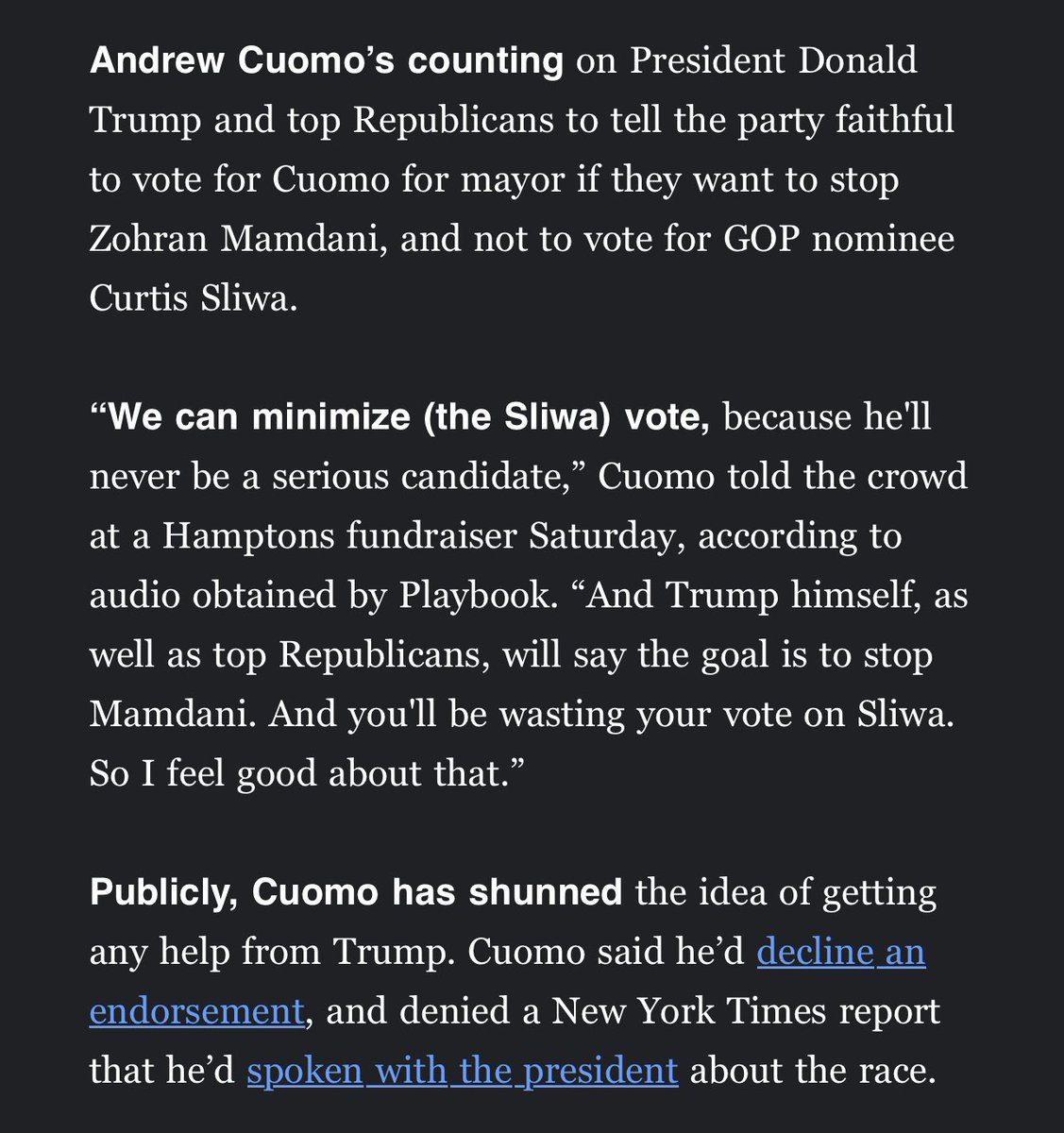 ZohranKMamdani's tweet image. At (another) Hampton’s fundraiser with Republican donors on Saturday, Andrew Cuomo said it plainly: he’s expecting Trump’s help to defeat us in November. 

“I feel good about that,” Cuomo said. 

New Yorkers won’t.