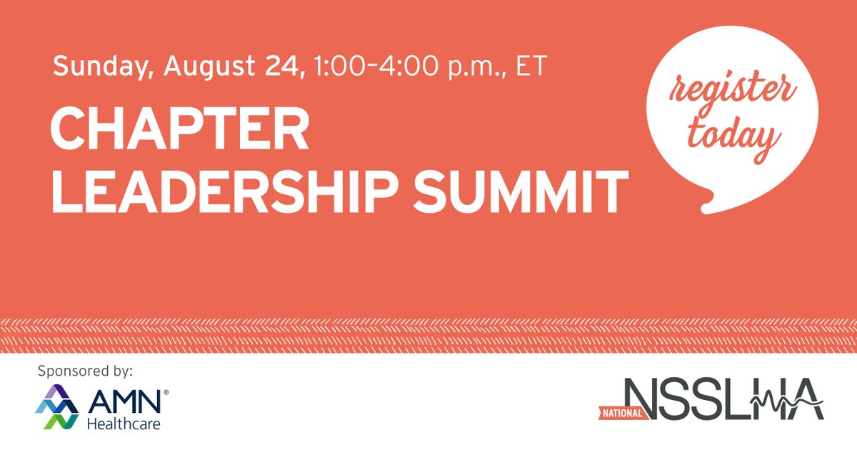 Chapter leaders, join us at the Virtual Chapter Leadership Summit!

👉 Register now: on.asha.org/4ksUTEE.  Let’s start the year strong together!

Thanks to AMN Healthcare (@amnhealthcare) for supporting this event! 

#NSSLHA #NSSLHAstrong #SuccessStartsHere #aud2b #slp2b