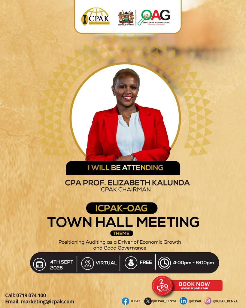 From audit reliability to public confidence- the #ICPAKOAGTownhall will unpack the future of auditing in Kenya. Don’t miss out. Register to join us virtually 👉 icpak.com/event/icpak-oa… <a href="/ElizabethK38467/">CPA PROF ELIZABETH KALUNDA</a>
<a href="/HillaryOnami/">Hillary Onami</a> <a href="/MercyMaroma/">Mercy Maroma</a>
#ICPAKOAGTownhallMeeting
 ^CA