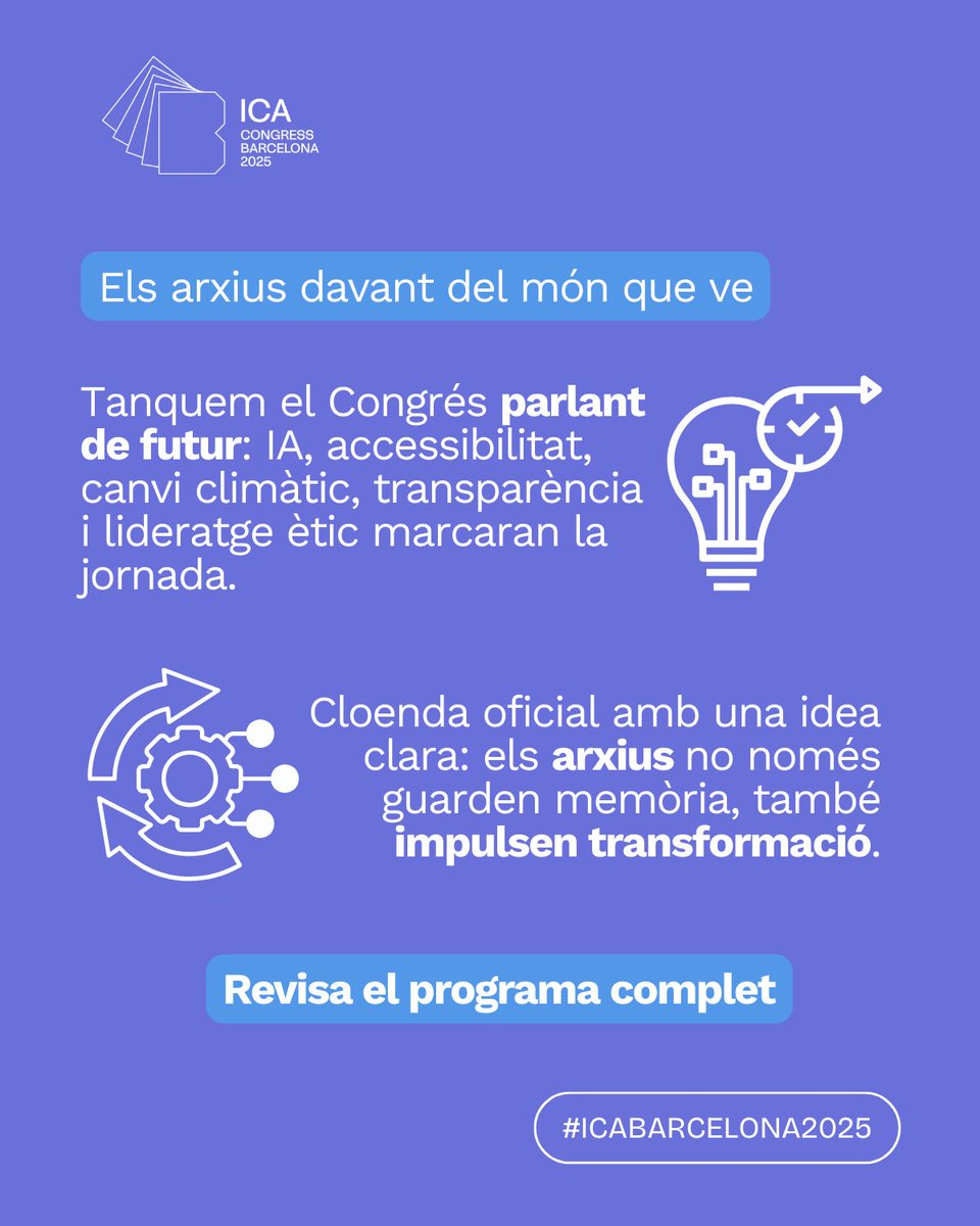 🌍✨ Descobreix el programa de l’última jornada del Congrés Internacional d’Arxius - ICA Barcelona 2025

El 30 d’octubre clausurem el Congrés Internacional d’Arxius - ICA Barcelona 2025 mirant al futur: intel·ligència artificial, transparència pública, gestió sostenible i més.