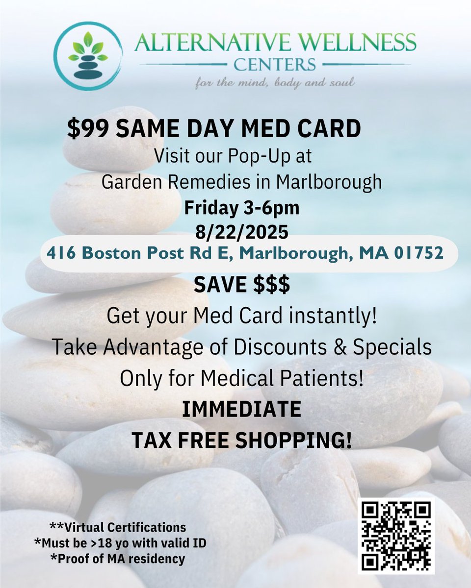Looking to get your medical card? Join us this Friday, August 22 from 3–6pm at Garden Remedies Marlborough for on-site certifications. Assessments are just $99 with same-day approval.
Bring your valid ID and proof of Massachusetts residency to get started.