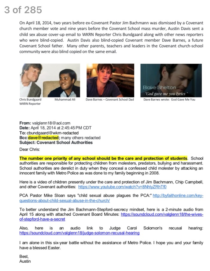 BuzzfeedSource's tweet image. I sent future Covenant School father, Dave Barnes, a Covenant-Police child sex abuse cover-up email 9 years before the mass murder. A year earlier in 2013, Nashville Police lied to the Covenant church-school community that there was nothing to my SA cover-up claims.