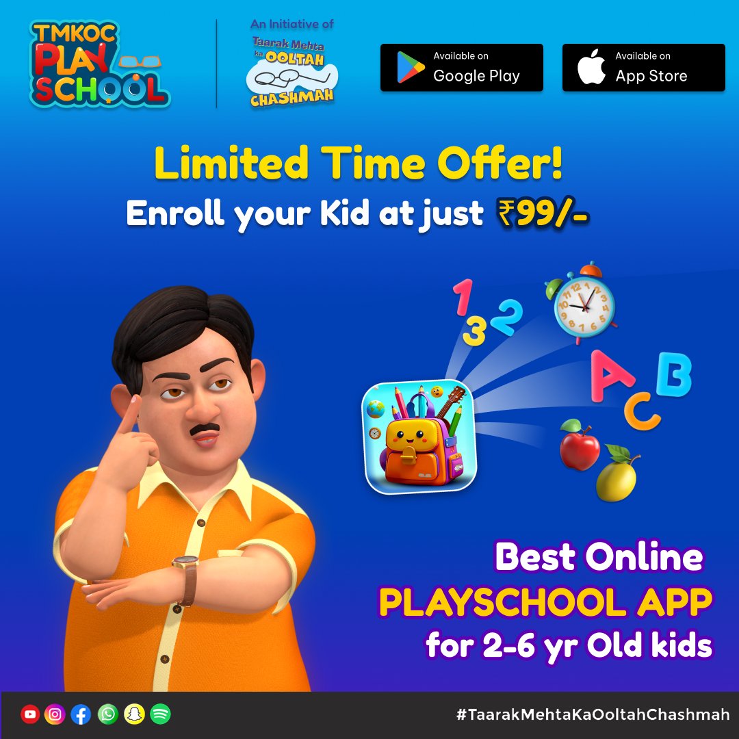 Looking for the best online playschool for your kid? 👶 Enroll them today at TMKOC Play School!
Join now at just ₹99/- 🎉 Limited time offer, don’t miss out!

Download now
Google Play Store: play.google.com/store/apps/det…

Apple Test Flight: testflight.apple.com/join/SYgGKcAG

#tmkocplayschool