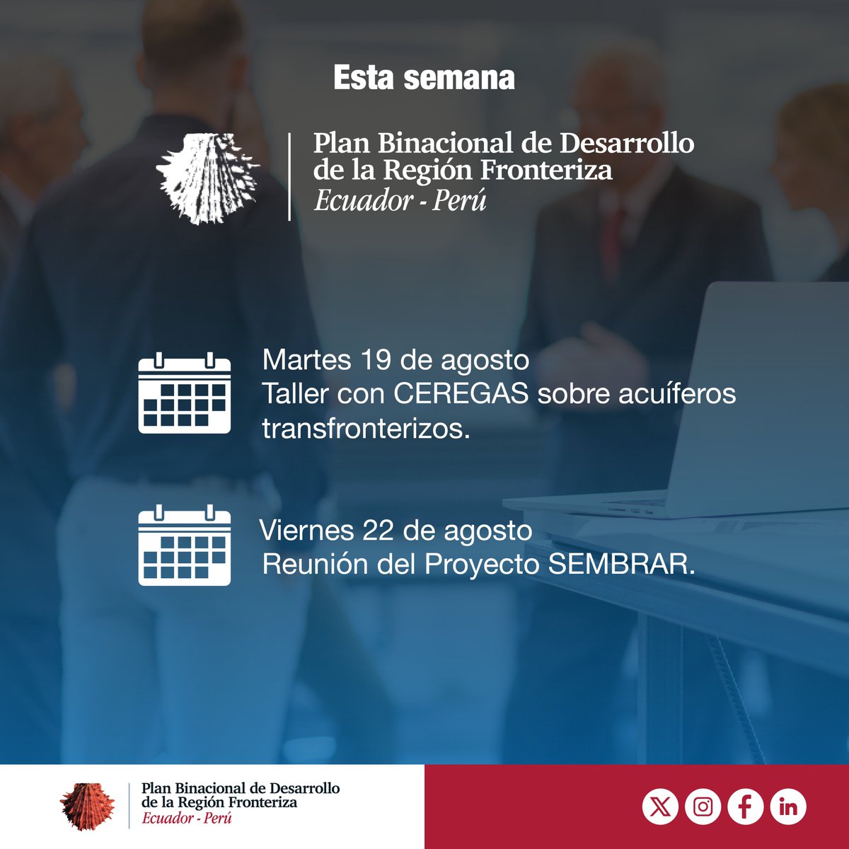 🚀 Esta semana seguimos trabajando por la integración binacional:

📌 Martes: taller con CEREGAS sobre acuíferos transfronterizos.
📌 Viernes: reunión del Proyecto SEMBRAR para definir imagen y agenda de lanzamiento.

#PlanBinacional #Ecuador