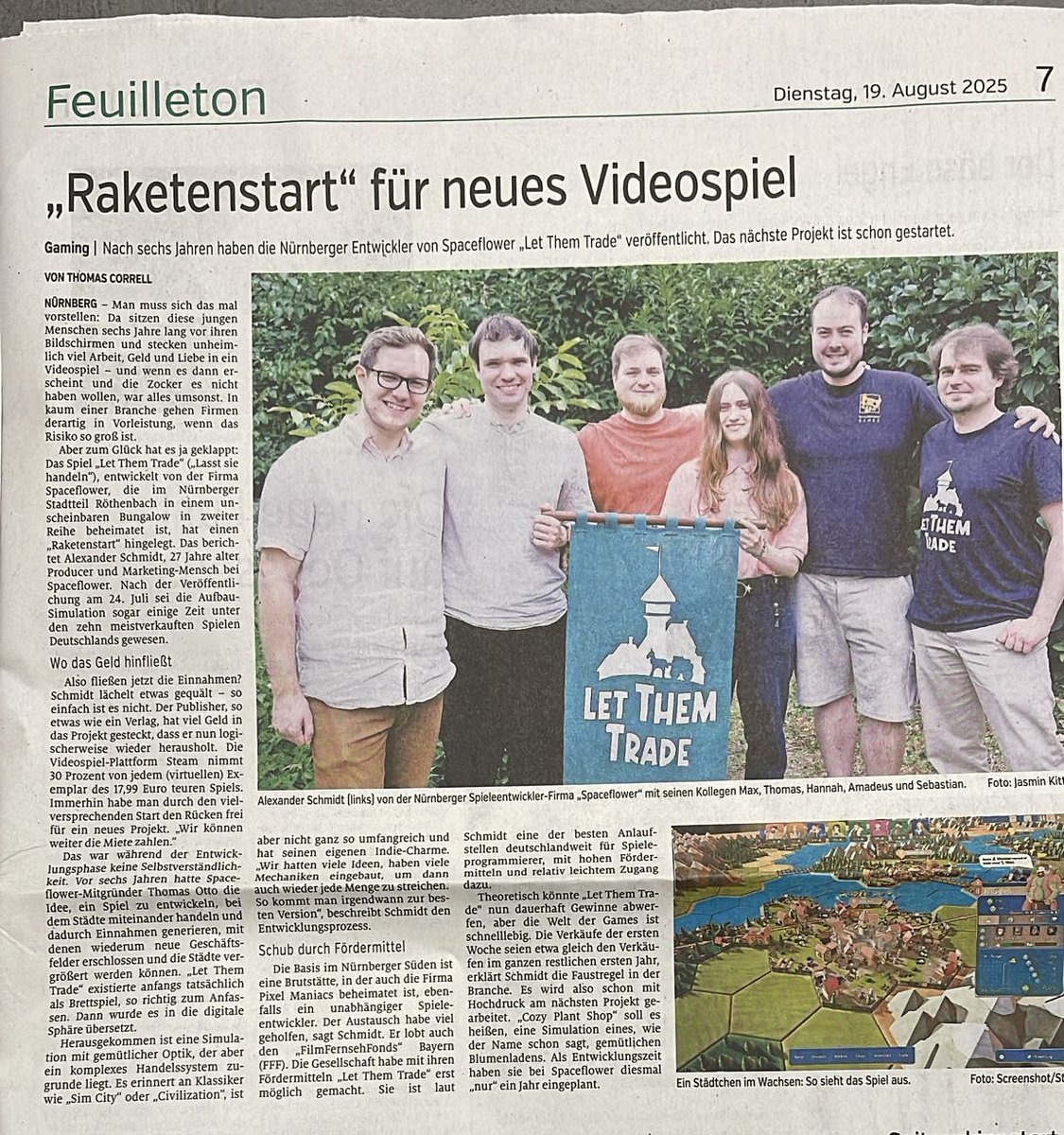 Seeing print articles of games is still special to me: Very happy that the biggest newspaper in Nuremberg did an article about Let them Trade <a href="/SpaceflowerDE/">Spaceflower</a>. I believe it's very important for the visibility and appreciation of games to also get coverage in general interest media.