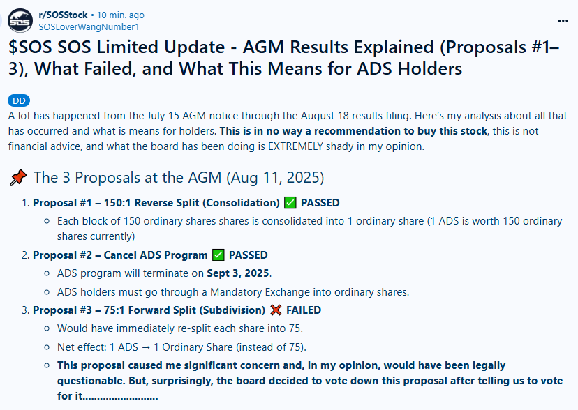SOSLoverWang's tweet photo. $SOS SOS Limited Update - AGM Results Explained (Proposals #1–3), What Failed, and What This Means for ADS Holders
Read here: https://t.co/dSxrg3rcFL
The board voted down one of 3 proposals they asked us to vote for...
#SOS #SOSStock #NYSE #ADR #ShareholderRights https://t.co/4Ccte8pfcF