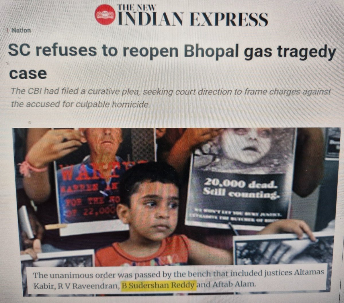 I.N.D.I.A BLOC SAYS ITS V-P PICK IS A "SOCIAL JUSTICE CHAMPION"

But when he was an SC justice he refused to reopen Bhopal gas tragedy case to frame charges against accused for culpable homicide.