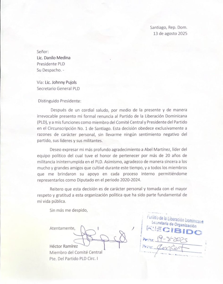 Agradezco a todos mis queridos y grandes amigos el deseo de que permanezca en el partido pero sería deshonesto de mi parte ocuparle una membresía sin el deseo ni  voluntad de hacer el trabajo.

Como en la anterior publicación decía que no había renunciado del partido ahora aquí
