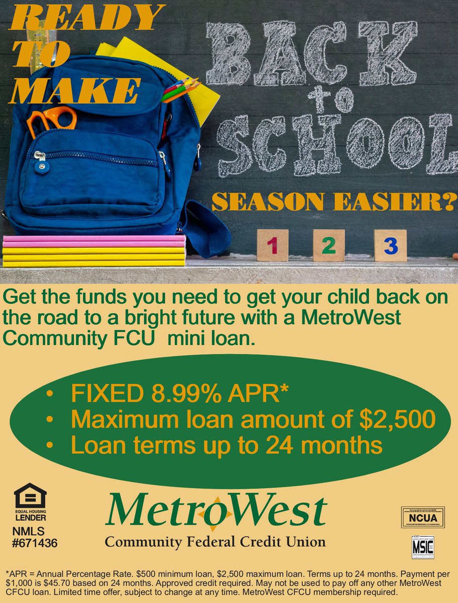 Back to school season means unexpected expenses! Need a financial boost? With rates from 8.99%, we’re here to help! Message us today! #BackToSchool #FinancialHelp #SmartSavings mwcfcu.com/personal-loans