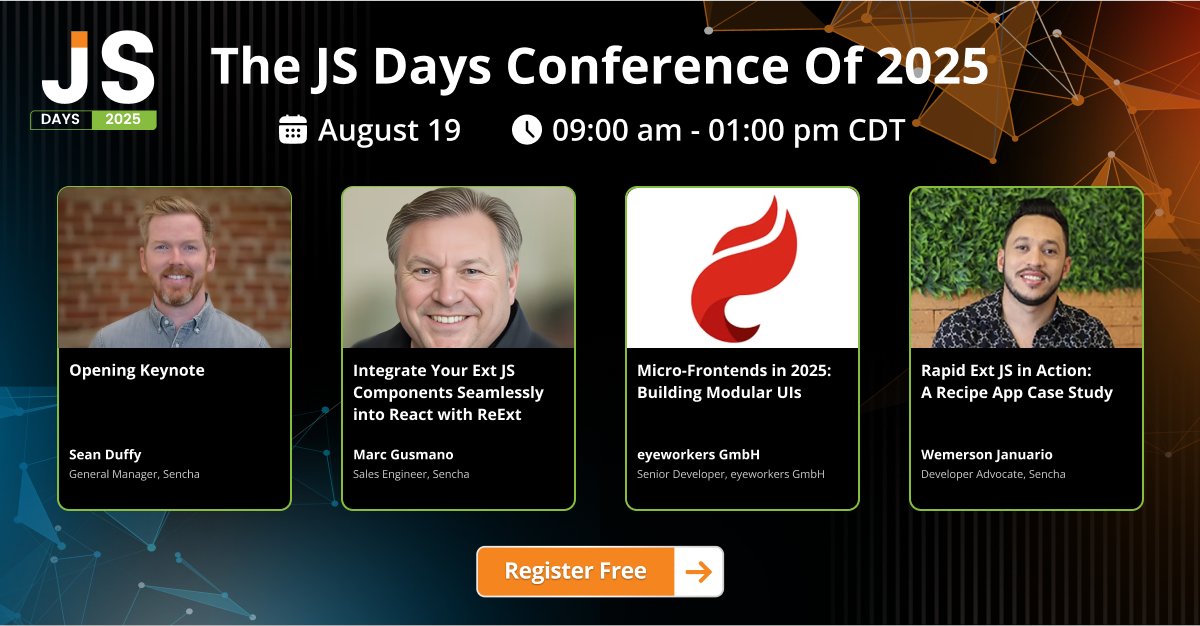 Sencha's tweet image. ⏰ 30 mins until #JSDays2025 goes LIVE!
Keynote kicks off soon → Register now: jsdays.io
#JSDays2025 #JavaScriptConference #WebDevelopment #JSCommunity #TechEvents