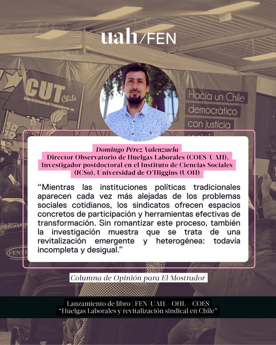 Huelgas y revitalización sindical en Chile✊

🗓 Jueves 21 de agosto 2025
🕒 17:00 horas
📍 Salón CUT – Av. Libertador Bernardo O’Higgins 1346, Santiago Centro

📌 Inscripciones en el link de nuestra bio.