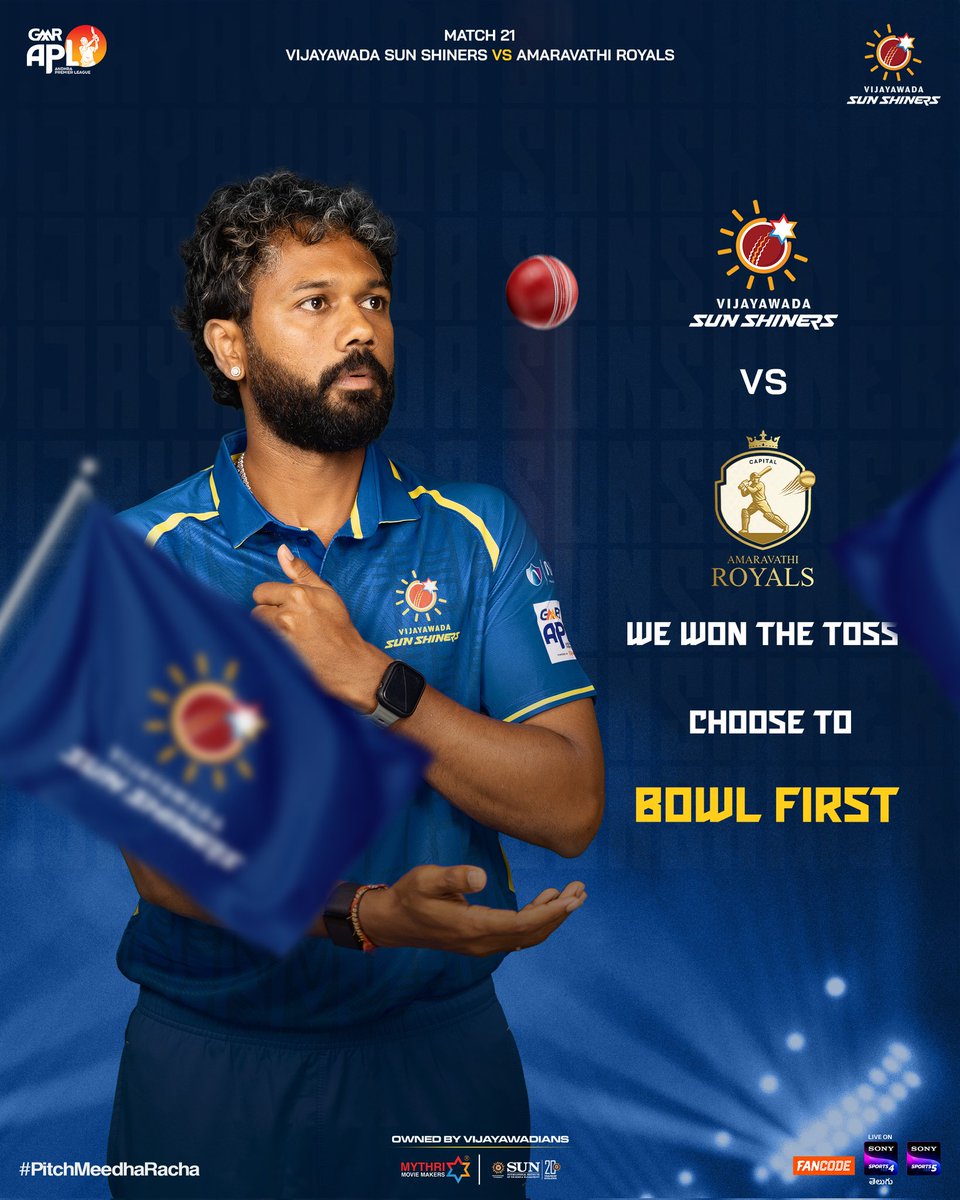 The toss goes our way and we are bowling first. 🏏🥳

Restricting #AmaravathiRoyals to the lowest possible total is our first mission. 🎯

Watch us live on Fancode App, Sony Sports 4 &amp; Sony Sports 5. 

<a href="/vjasunshiners/">Vijayawada Sun Shiners</a> <a href="/MythriOfficial/">Mythri Movie Makers</a>  #SunInternationalInstitute #APL2025 🏏