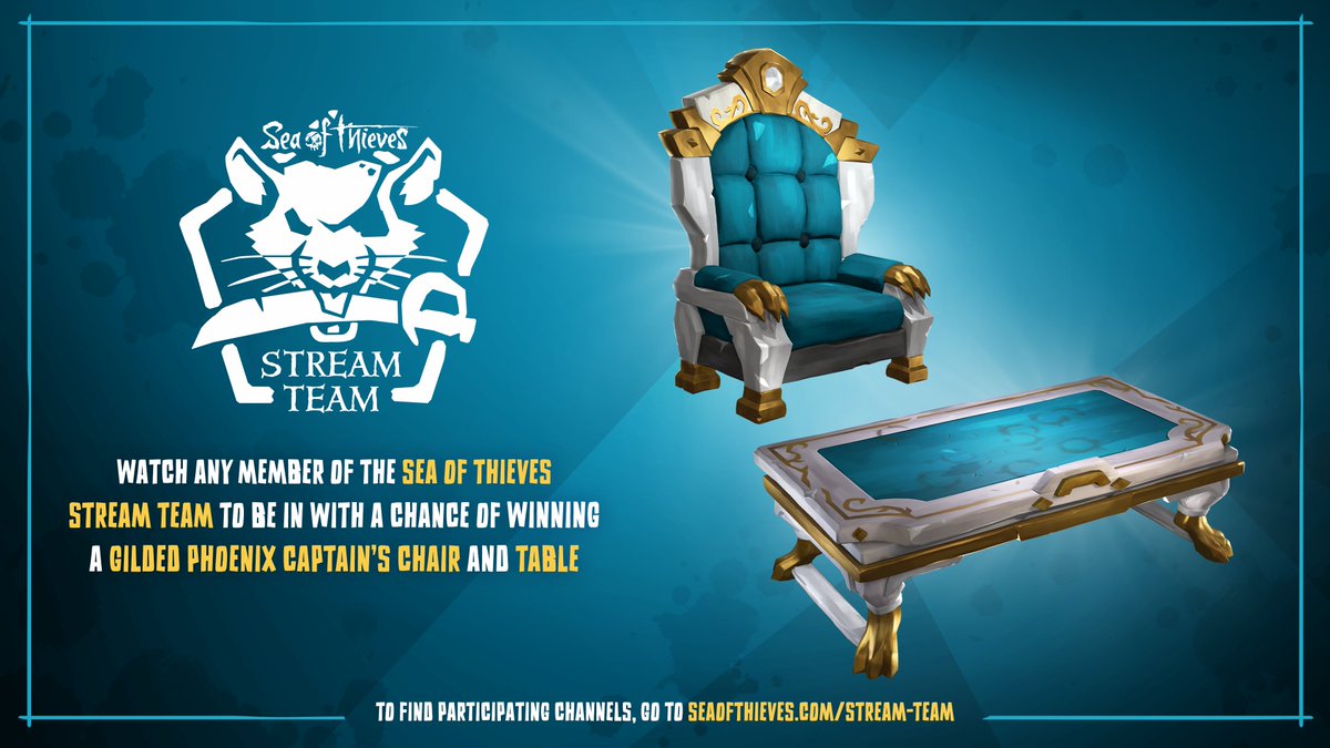 SeaOfThieves's tweet image. Up-and-coming Sea of Thieves streamers who are part of our Stream Team now find themselves with some fabulous Captain&apos;s furnishings to give away in whatever way they see fit! Tune in to members of the team to find out how they&apos;re distributing theirs: seaofthieves.com/stream-team