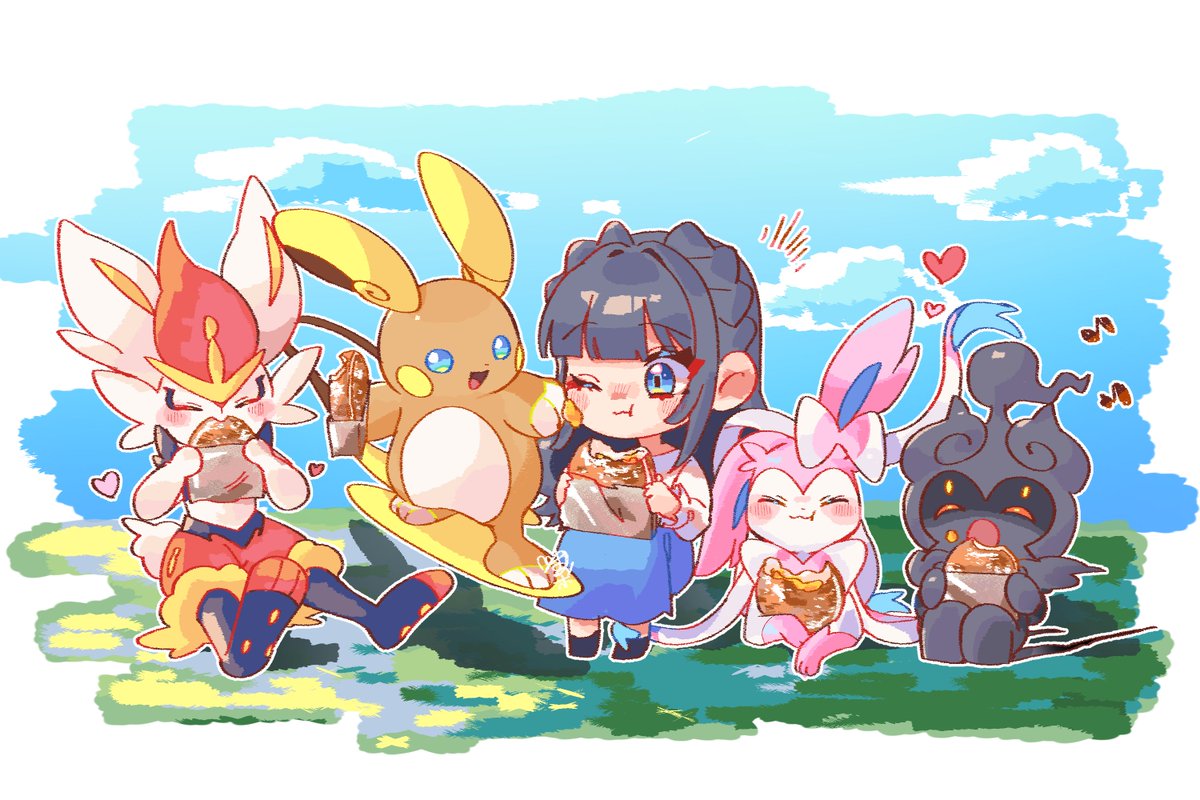 エースバーン ,ニンフィア 「+前回のおまけ 皆で食べよ〜マラサダ食べよ!」|マミポコのイラスト