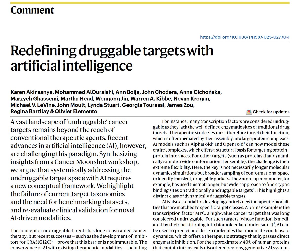 AI is challenging the paradigm of "undruggable" cancer targets. Our new Nature Biotechnology comment outlines how AI-driven approaches, from modeling protein complexes to designing novel biologics, can unlock these intractable proteins nature.com/articles/s4158…