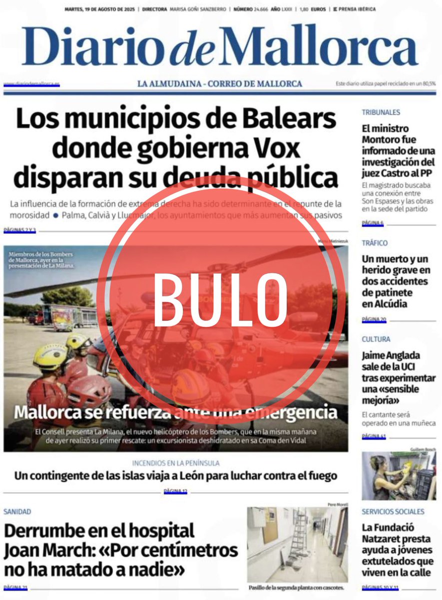 🚨 #BULO

La prensa ensobrada y dirigida por los de siempre vuelve a tergiversar y mentir sobre VOX.

Ni hay deuda en Llucmajor ni VOX es el responsable del área económica de los municipios.

Es vomitivo.

No podrán con un pueblo que ya no se cree sus mentiras.
