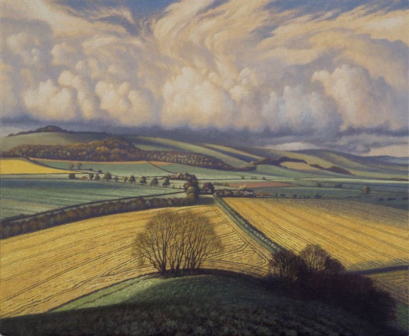 HWarlow's tweet photo. English painter James Lynch 
One of my favourite books 
‘There Never Was a Finer Day’
Poems of Edward Thomas Illustrated by James Lynch executed in Egg Tempera which he makes himself from the eggs of his own hens …
‘Rape Fields ,Little Knoll’ https://t.co/23Xxmtl4FA
