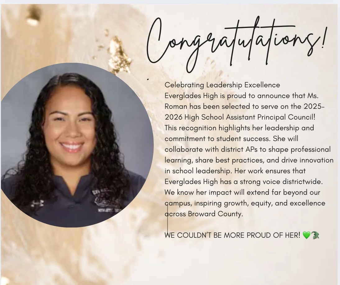 Pause❗️Swamp Style Shoutout🐊 
👏 Huge congratulations to Ms. Roman! She’s representing Everglades High on the 2025–2026 High School AP Council — shaping leadership and inspiring excellence districtwide! 💚🐊 #GatorPride #leadershipmindset #GatorsLeadFirst