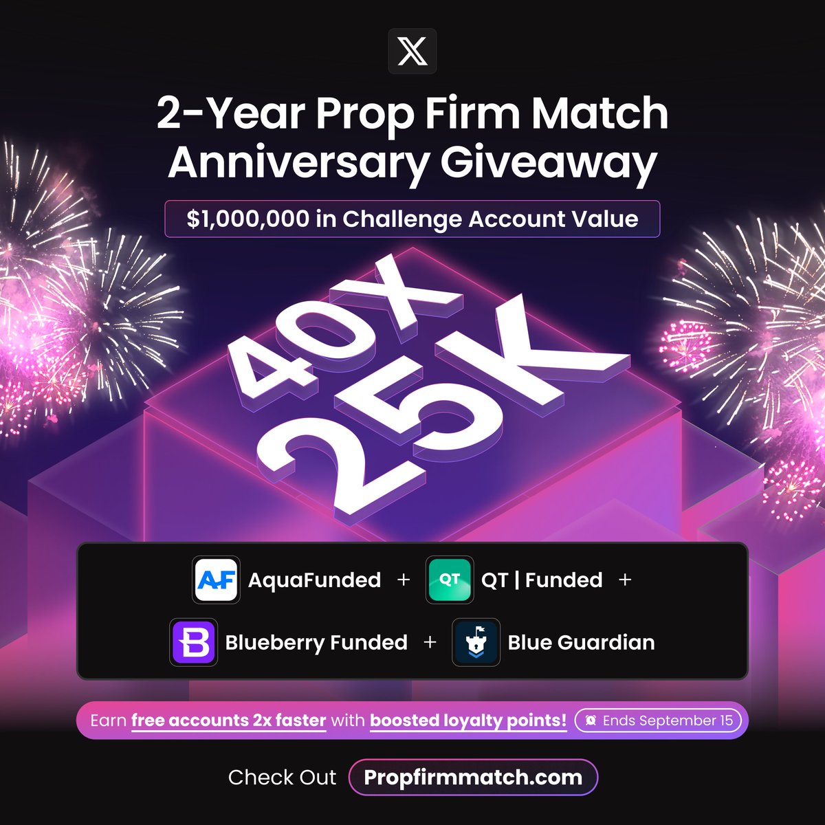 Prop Firm Match (@propfirmmatch) on Twitter photo 40x25K Challenge Account Giveaway to celebrate PFM's 2nd Year Anniversary 🔥
To participate:
🤝 Follow <a href="/PropFirmMatch/">Prop Firm Match</a> <a href="/AquaFunded/">AquaFunded</a> <a href="/QtFunded/">QT | FUNDED</a> <a href="/BlueberryFunded/">Blueberry Funded</a> <a href="/BlueGuardiancom/">Blue Guardian</a>
❤️️ Like and repost
👥 Tag 2 friends
Winners will be announced in 4 days 40x25K Challenge Account Giveaway to celebrate PFM's 2nd Year Anniversary 🔥
To participate:
🤝 Follow <a href="/PropFirmMatch/">Prop Firm Match</a> <a href="/AquaFunded/">AquaFunded</a> <a href="/QtFunded/">QT | FUNDED</a> <a href="/BlueberryFunded/">Blueberry Funded</a> <a href="/BlueGuardiancom/">Blue Guardian</a>
❤️️ Like and repost
👥 Tag 2 friends
Winners will be announced in 4 days