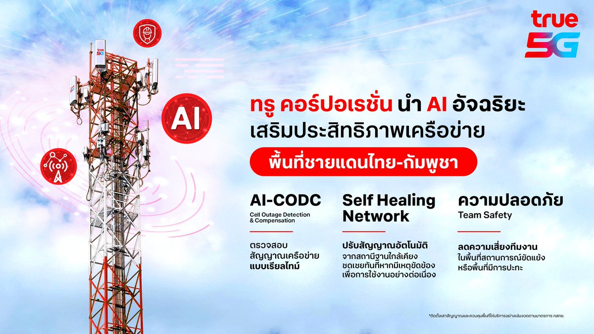 เพื่อเสริม ประสิทธิภาพเครือข่ายให้ใช้งานได้อย่างต่อเนื่องในทุกสถานการณ์
.
ทรู นำ AI-CODC (Cell Outage Detection &amp; Compensation)
ระบบปัญญาประดิษฐ์มาช่วยตรวจสอบสัญญาณสถานีฐาน บริหารจัดการและดูแลเครือข่ายได้แบบเรียลไทม์
. true.th/blog/ai-codc

#TrueTogether #Truedtac5G