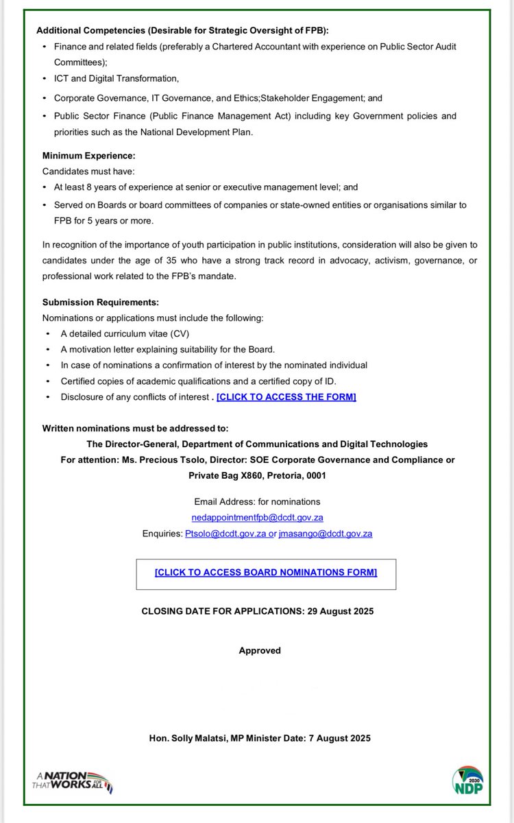 Film and Publication Board (@fpb_za) on Twitter photo The Minister of <a href="/CommsZA/">Dept of Communications & Digital Technologies</a>, Hon <a href="/SollyMalatsi/">SollyMalatsi</a> is calling on the public to submit nominations for individuals to be considered for appointment to the <a href="/FPB_ZA/">Film and Publication Board</a> Council.
Access the nomination form here: acrobat.adobe.com/id/urn:aaid:sc…
#council #nominations #Executive #Communications The Minister of <a href="/CommsZA/">Dept of Communications & Digital Technologies</a>, Hon <a href="/SollyMalatsi/">SollyMalatsi</a> is calling on the public to submit nominations for individuals to be considered for appointment to the <a href="/FPB_ZA/">Film and Publication Board</a> Council.
Access the nomination form here: acrobat.adobe.com/id/urn:aaid:sc…
#council #nominations #Executive #Communications