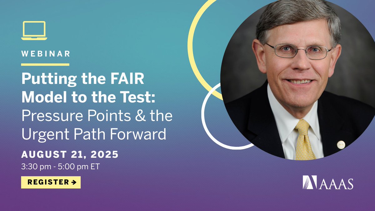 AAAS (@aaas) on Twitter photo What’s next for research funding and JAG’s proposed FAIR Model for indirect costs? Register to join our town hall on Aug. 21, 3:30–5 pm ET with former OSTP director Kelvin Droegemeier & AAAS CEO <a href="/sudipsparikh/">Sudip Parikh</a>: aaas.zoom.us/webinar/regist…
#AAAS #FAIRModel #SciencePolicy What’s next for research funding and JAG’s proposed FAIR Model for indirect costs? Register to join our town hall on Aug. 21, 3:30–5 pm ET with former OSTP director Kelvin Droegemeier & AAAS CEO <a href="/sudipsparikh/">Sudip Parikh</a>: aaas.zoom.us/webinar/regist…
#AAAS #FAIRModel #SciencePolicy