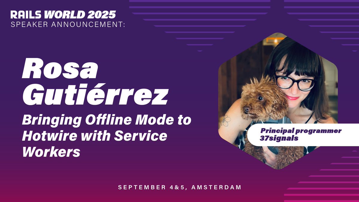 rails's tweet image. At #RailsWorld, @rosapolis will share how @37signals  tackled one of #Hotwire's most requested features: offline mode. After years of custom workarounds, each with varying degrees of challenges, her team took on the challenge using service workers. Long used in PWAs, they're full