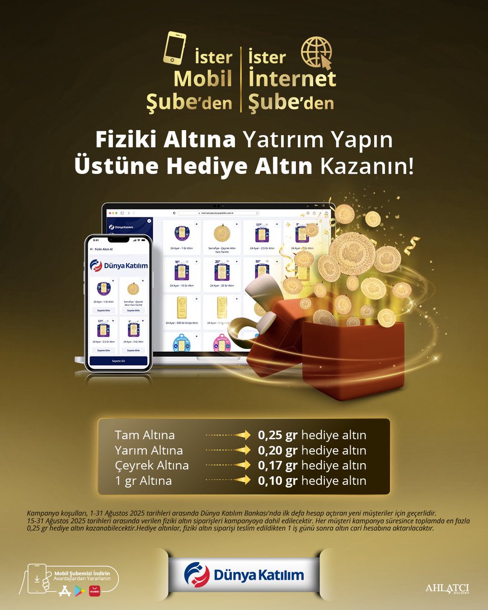 dunyakatilim's tweet photo. Ağustos ayı, şimdi altına yatırımın tam zamanı!

Hemen siz de Dünya Katılım’lı olun. İster Mobil Şube’den ister İnternet Şube’den, fiziki altın yatırımlarınızı güvenle yapın. Sigortalı kargoyla adresinize sipariş edeceğiniz her fiziki altın için üstüne hediye altın kazanın. https://t.co/GSLRfw0Ppp
